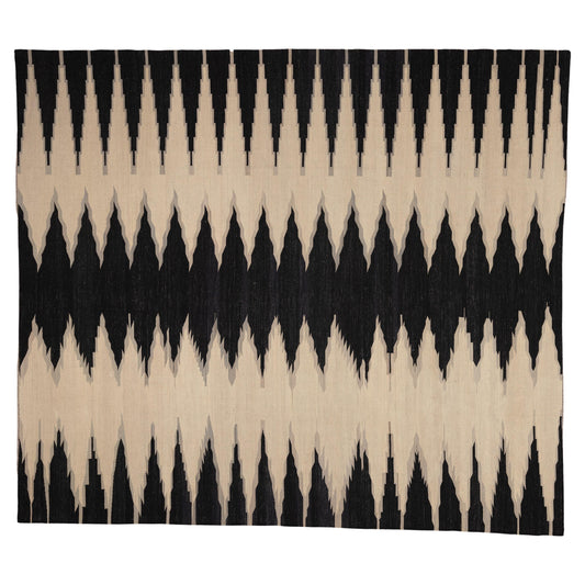 21st Century Modern Kilim Wool Rug – Black, Sand & Stone 254 x 284 cm