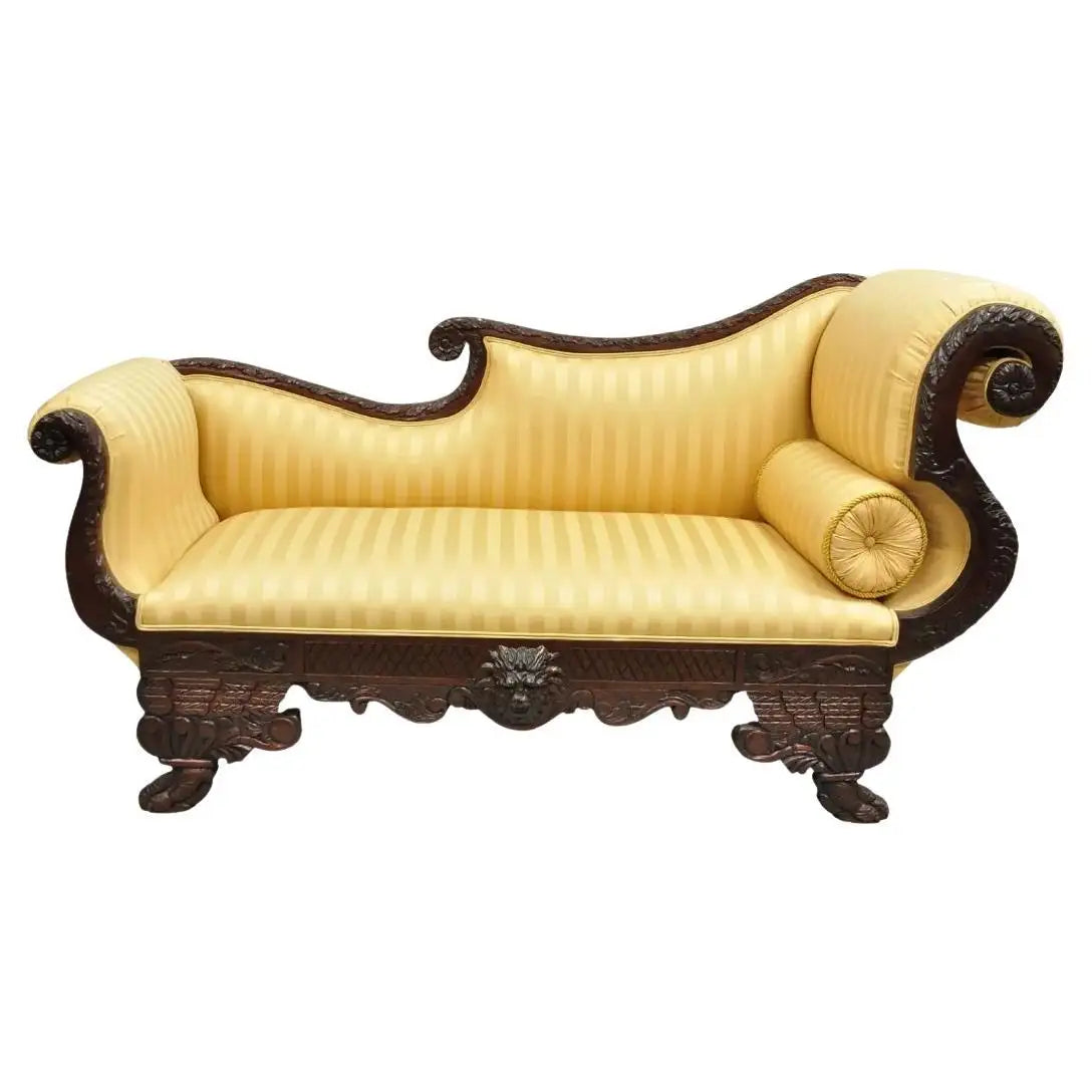 Antique American Empire Figural Carved Mahogany Recamier Gold Chaise Lounge Sofa