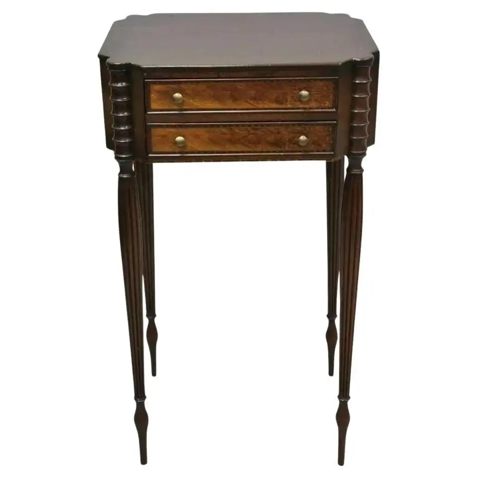 19th C. Antique Leg Burl Wood 2 Drawer Nightstand Side Table
