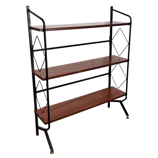Vintage 1950s Italian Mid-Century Modern Slim Metal & Walnut Bookshelf