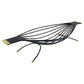 Black metal leaf-shaped object with gold accents on a white background