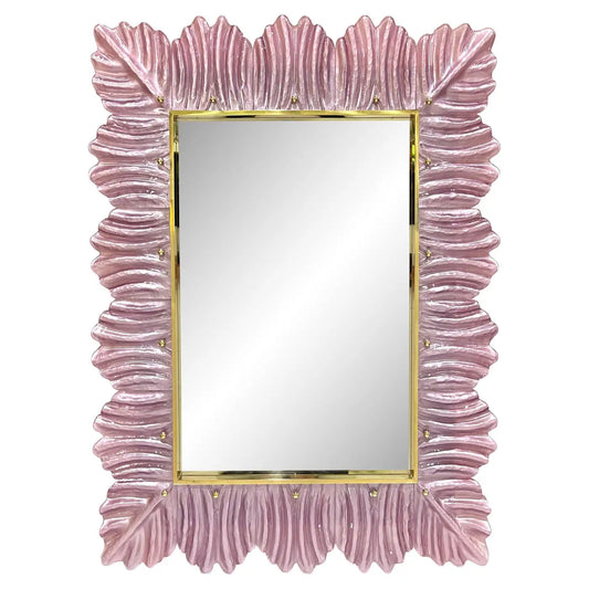 Italian Modern Leaf Design Pearl Pink Crystal Murano Glass Large Brass Mirror