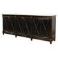 Dark wooden sideboard with decorative cross patterns on a white background