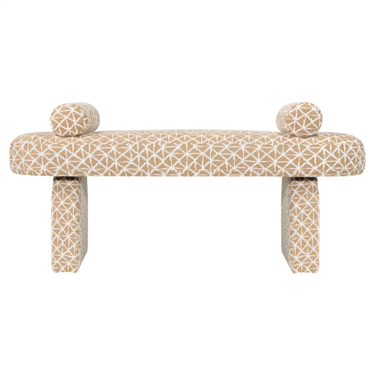Beige patterned bench with round ends on a white background