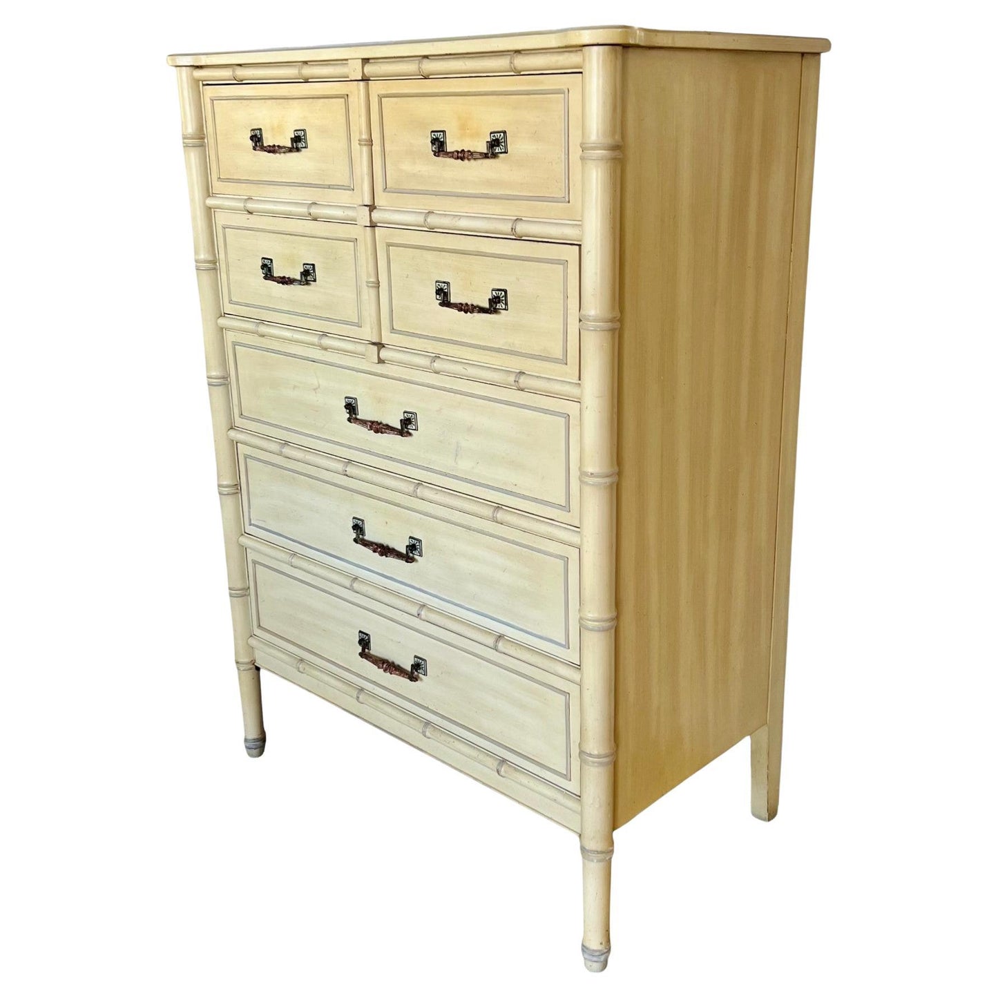 Wooden dresser with multiple drawers on a white background