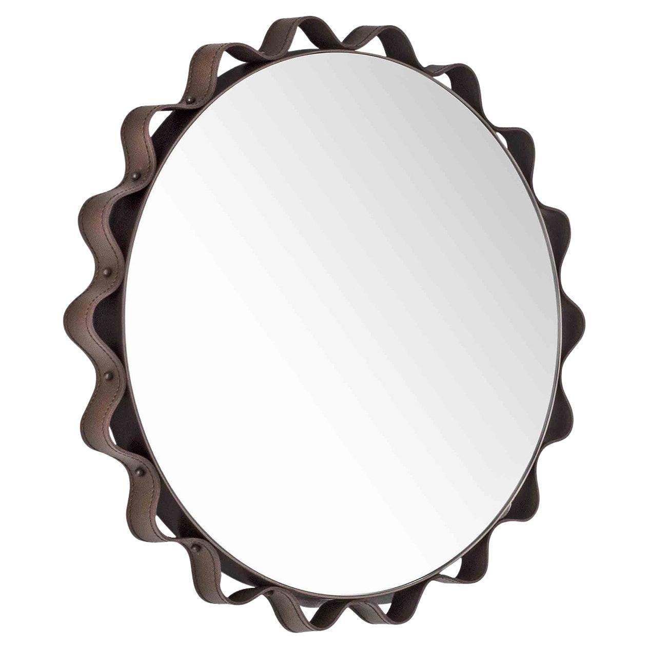 Glimt Round Wall Mirror with Graphite Metal Frame and Taupe Leather Detail