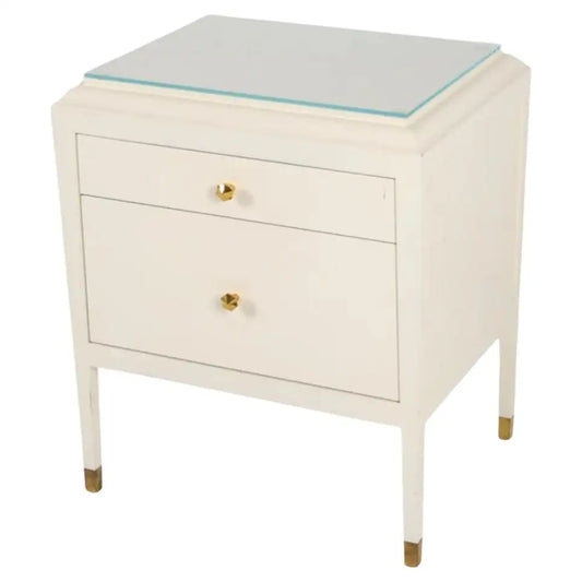 Contemporary White Lacquered Nightstand With Brass Fittings and Glass Top