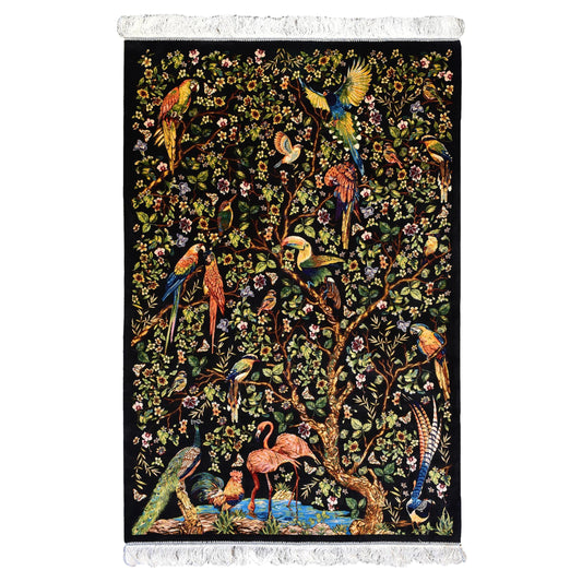 Persian Silk Carpet with Exotic Birds and Floral Tree – Black Paradise Garden Rug