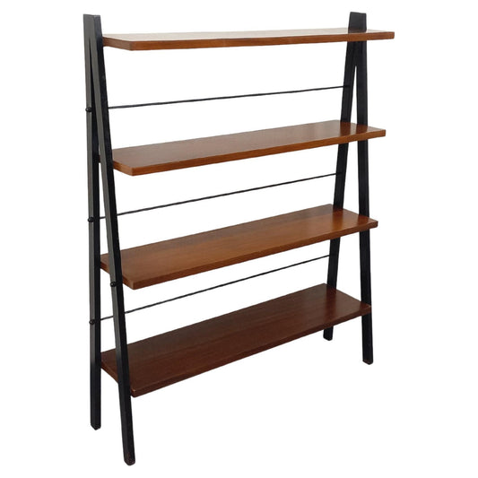 Vintage 1960s Teak & Black Metal Floor Shelf – Italian String Tomado Style