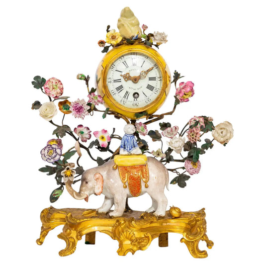 Louis XV Ormolu Mntd. Meissen Porcelain Chinoiserie Elephant Clock w/ Snail