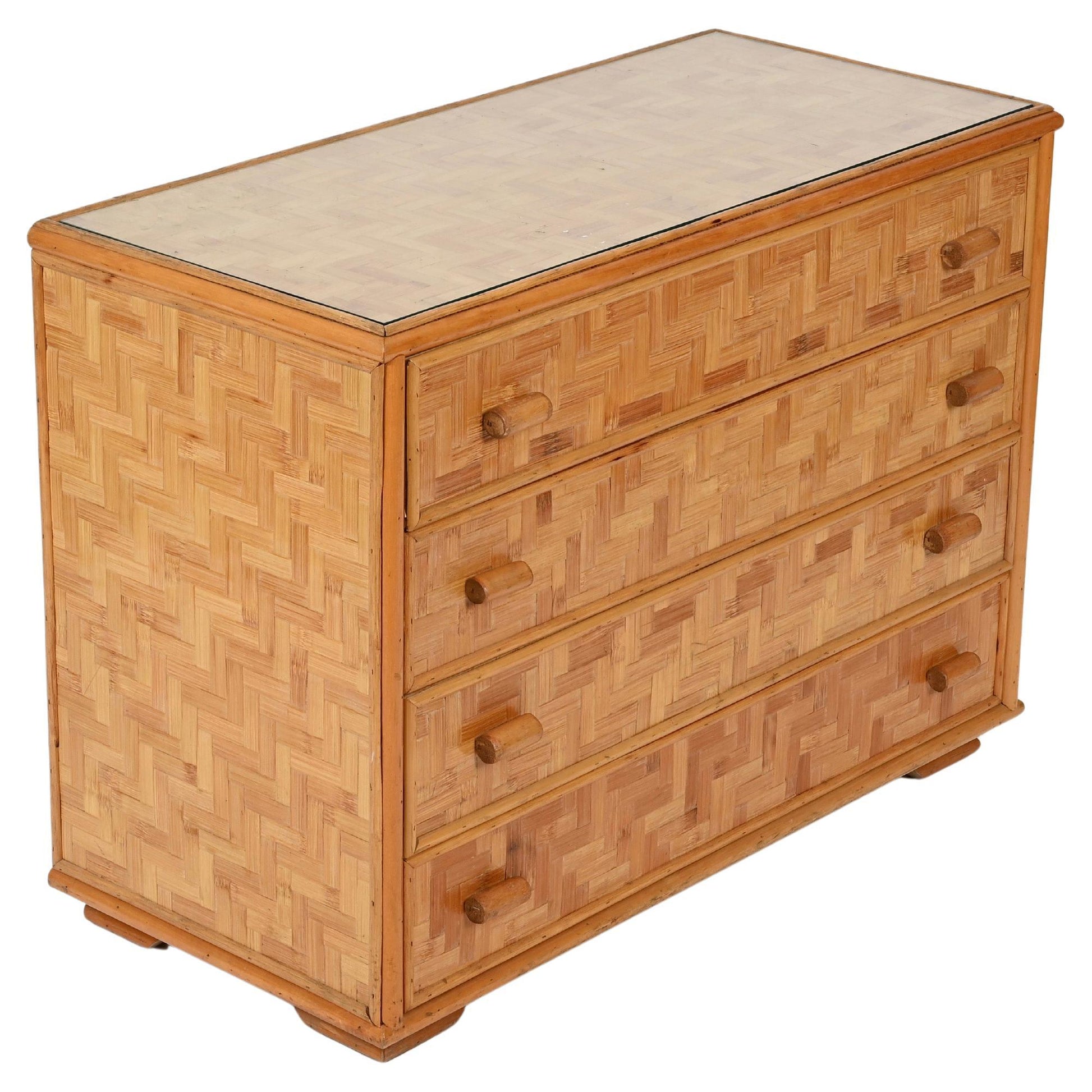 Wooden dresser with wicker-like pattern on a white background