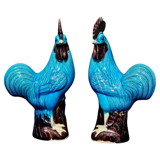 Pair of Old Blue Glazed Chinese Ceramic Rooster Figures