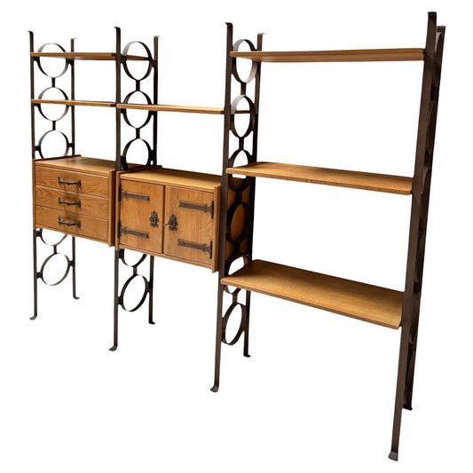 Brutalist Rustic Mid-Century Modern Freestanding Modular Wall Unit – 1980s Solid Oak & Wrought Iron