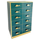 Teal dresser with gold fish-shaped handles on a white background