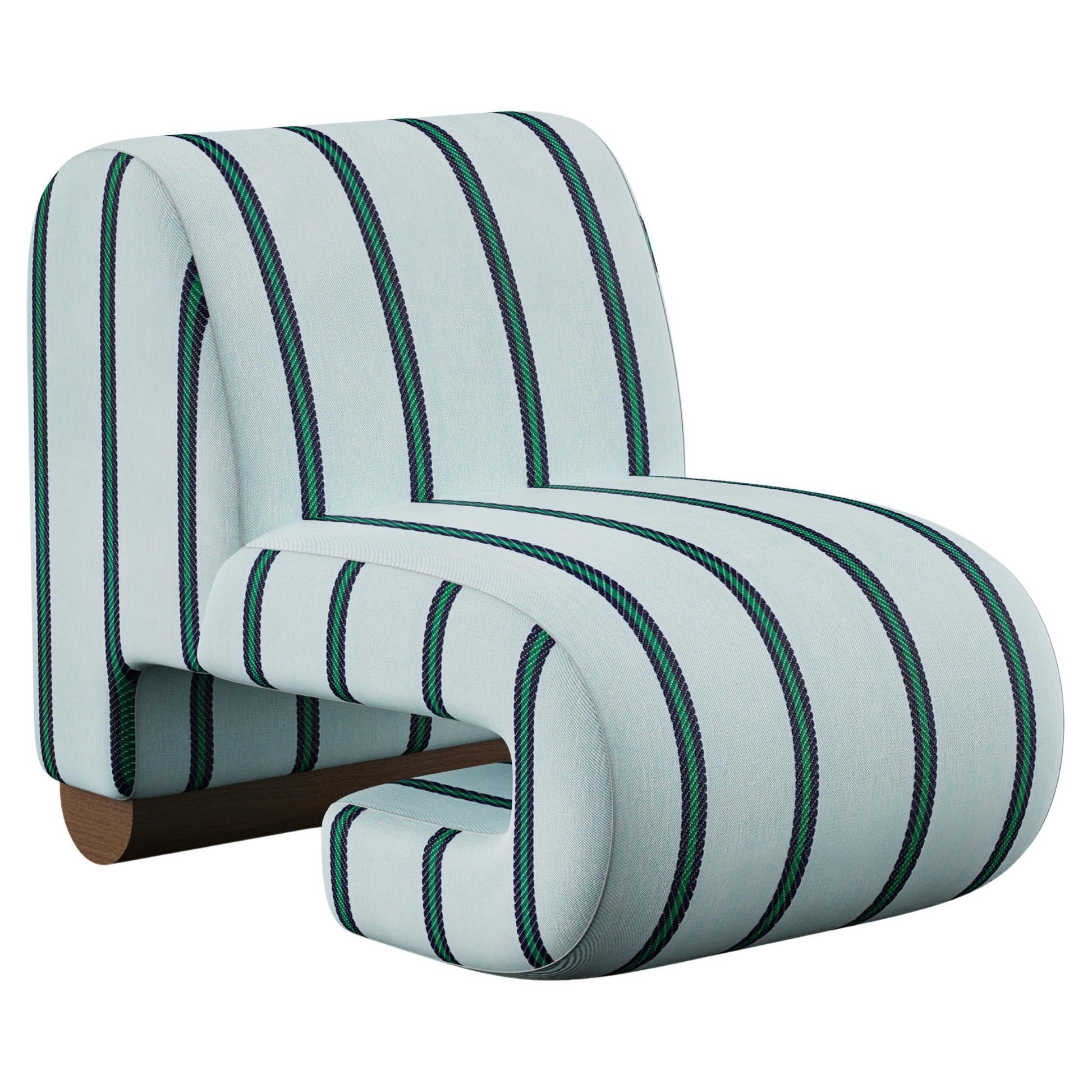 Striped armchair with green and white pattern on a white background