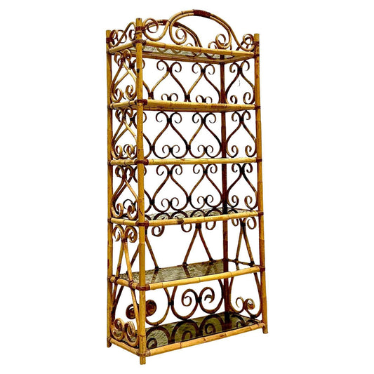 Vintage Boho Bent Rattan Scroll Etagere with Smoked Glass Shelves