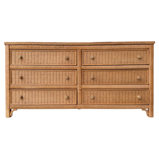 Wicker dresser with multiple drawers on a white background