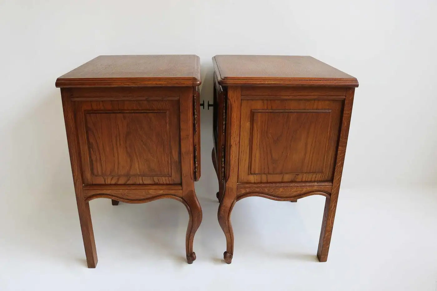 French Antique Style Carved Oak Nightstands 1960 Midcentury