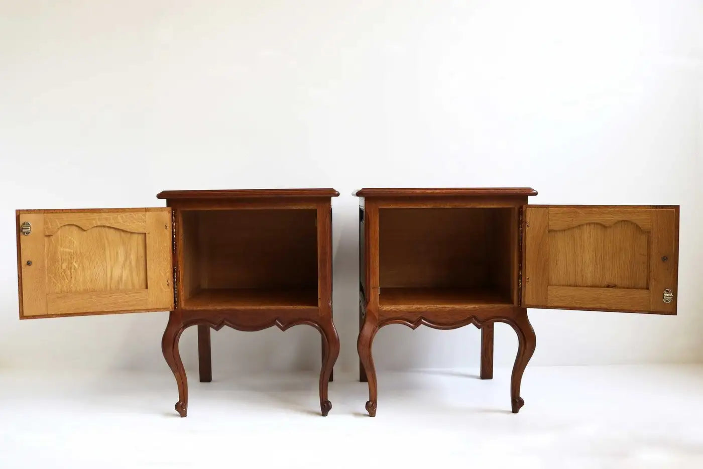 French Antique Style Carved Oak Nightstands 1960 Midcentury