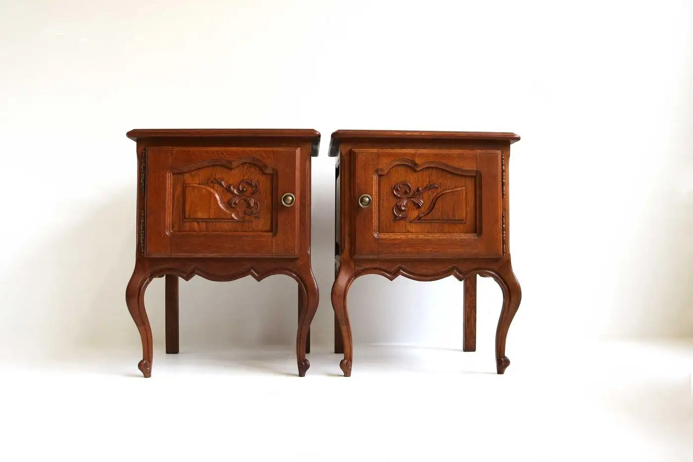 French Antique Style Carved Oak Nightstands 1960 Midcentury