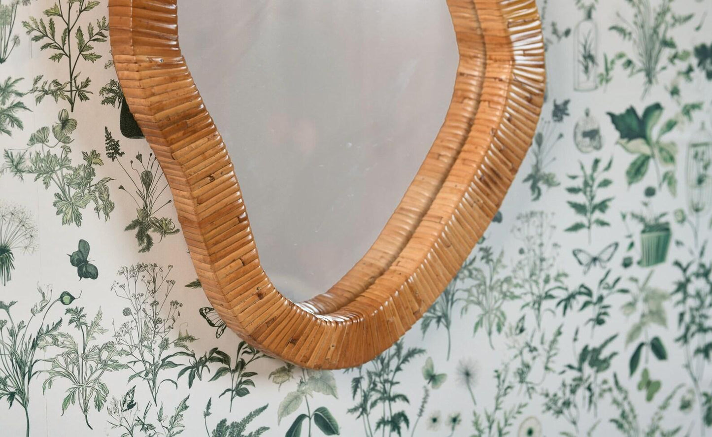 Asymmetrical Wall Mirror with Organic Rattan Cane Frame – Contemporary
