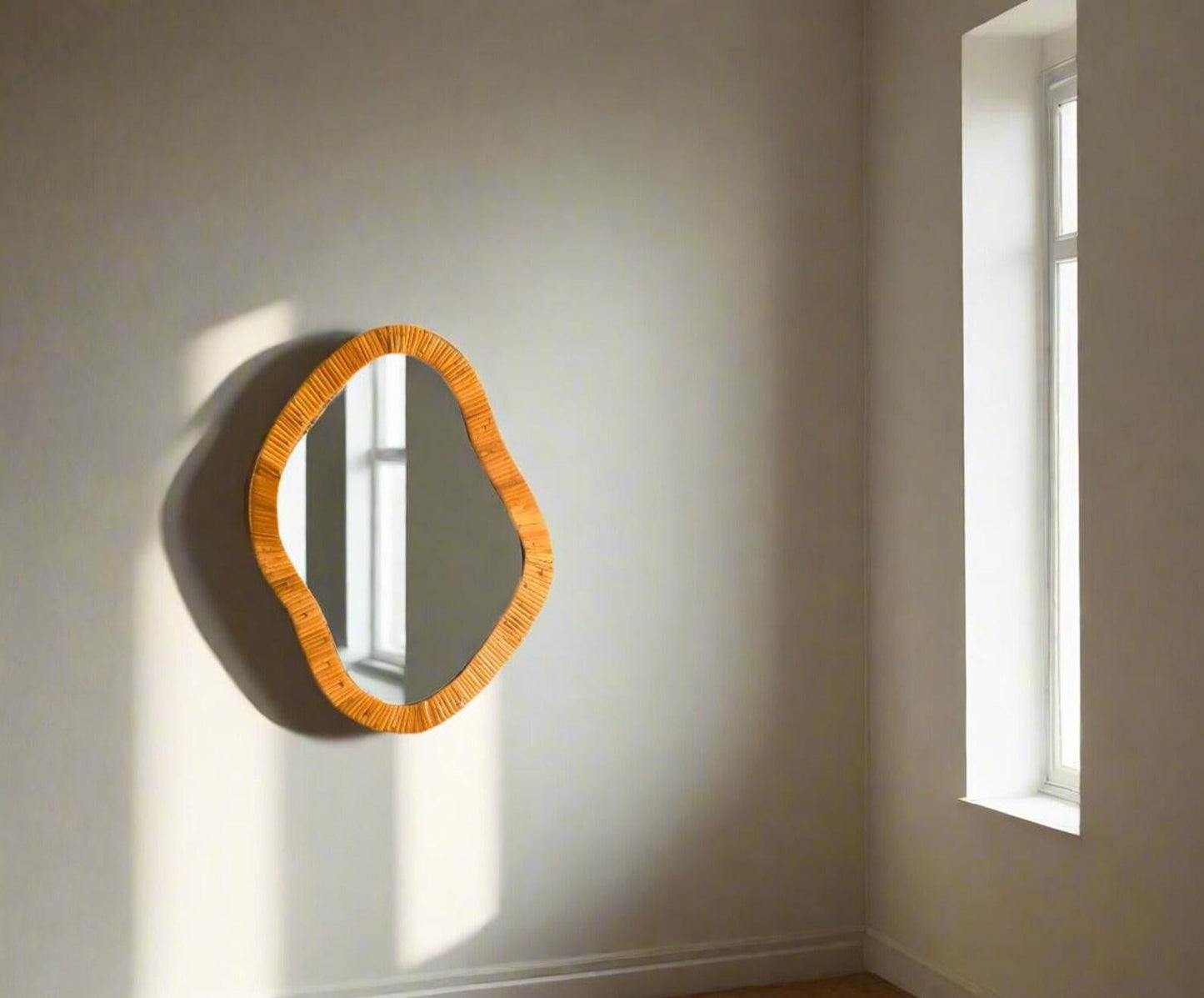 Asymmetrical Wall Mirror with Organic Rattan Cane Frame – Contemporary