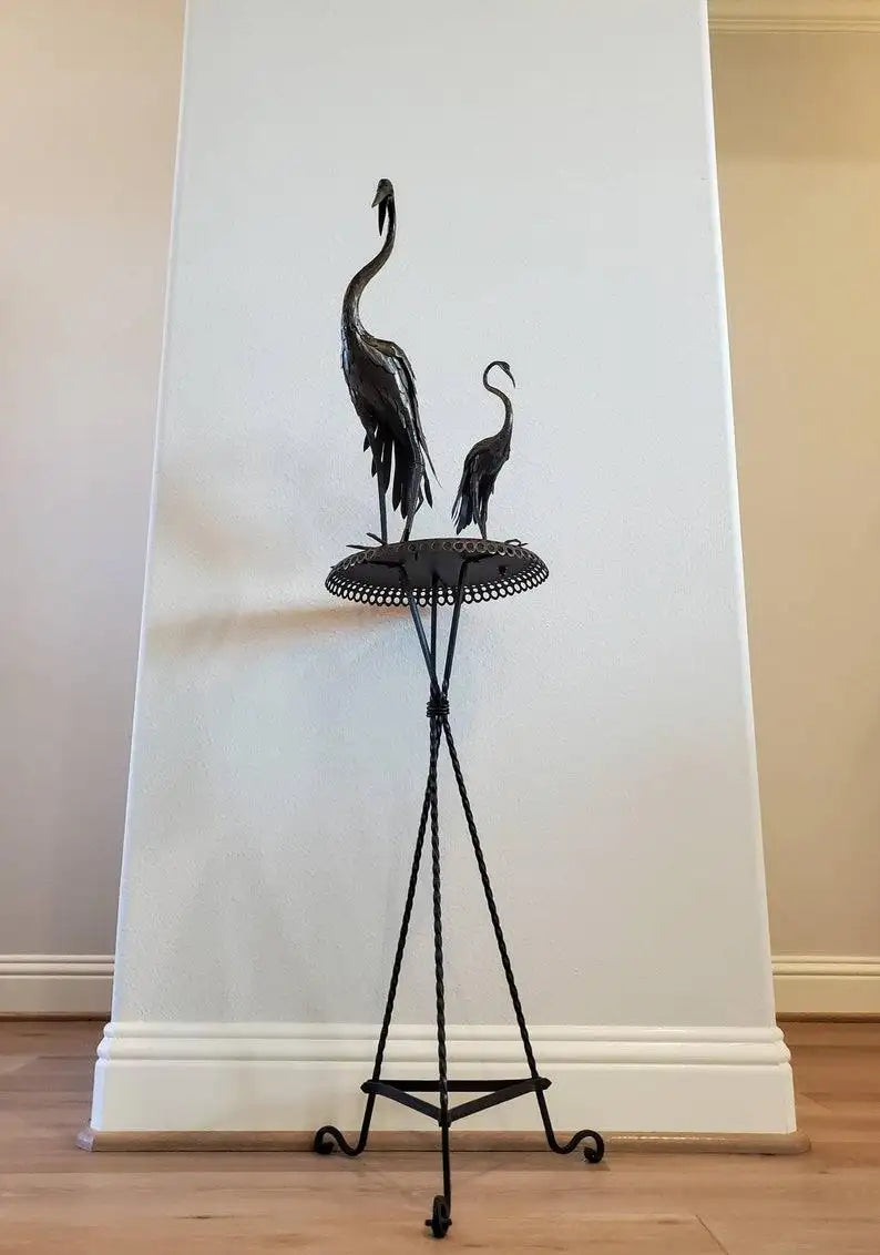 Mid-Century French Japonisme Bronze Crane Figures Iron Pedestal Sculpture