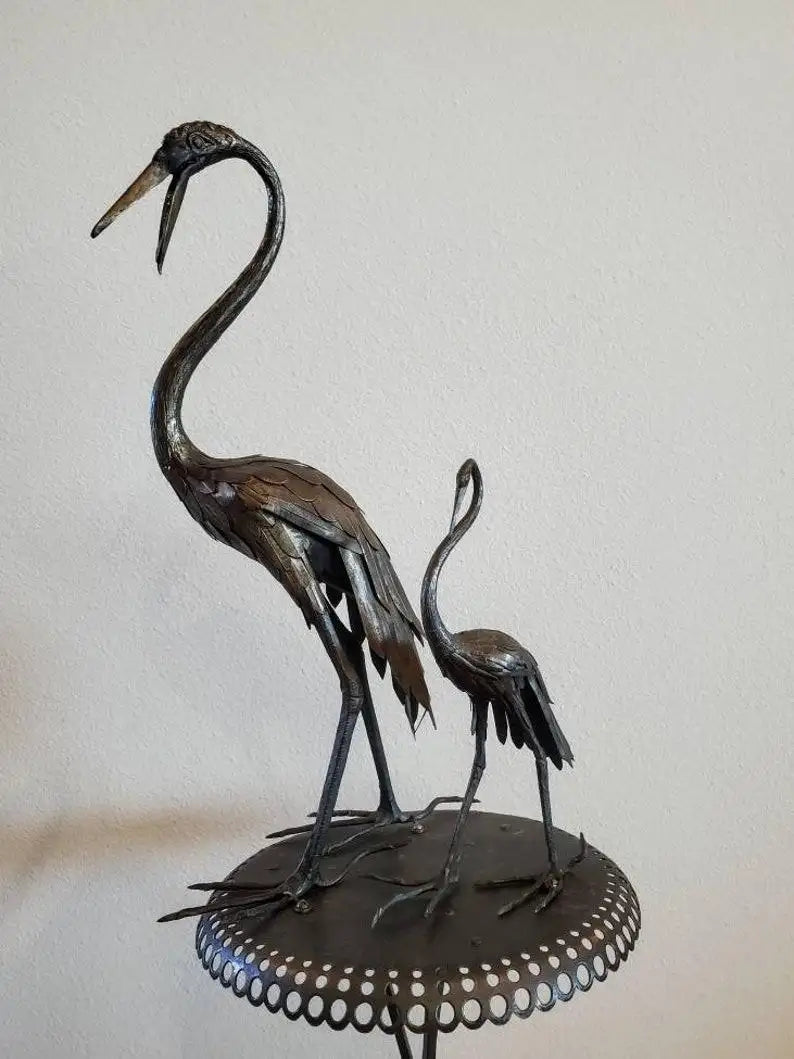 Mid-Century French Japonisme Bronze Crane Figures Iron Pedestal Sculpture