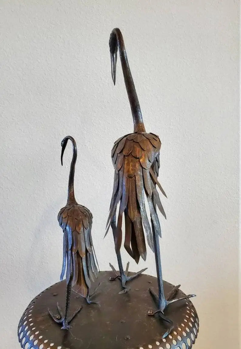 Mid-Century French Japonisme Bronze Crane Figures Iron Pedestal Sculpture