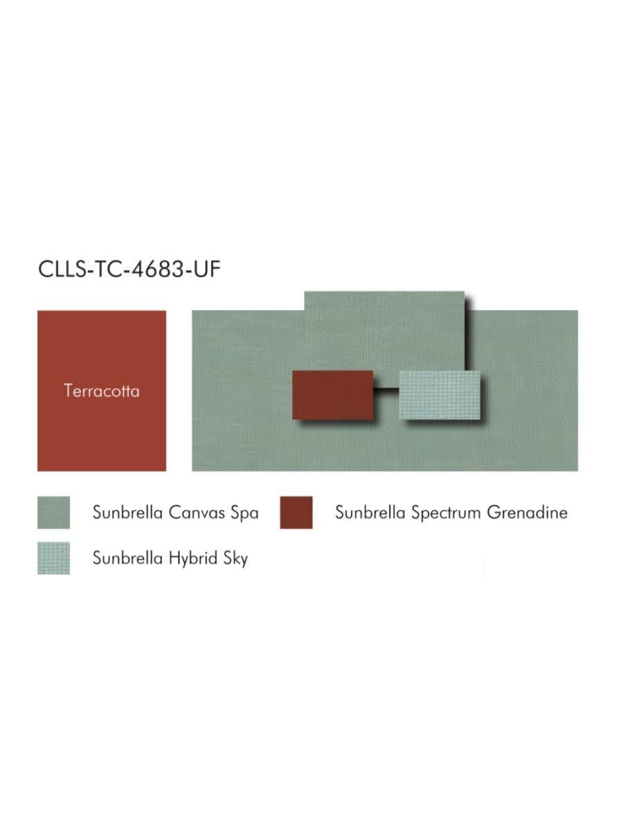 Color swatch with 'Terracotta', 'Sunbrella Canvas Spa', 'Sunbrella Spectrum Grenadine', and 'Sunbrella Hybrid Sky' on a white background.