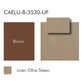 Color swatches labeled 'Brown' and 'Linen Olive Sheen' with code CAELU-B-3530-UF on a white background.