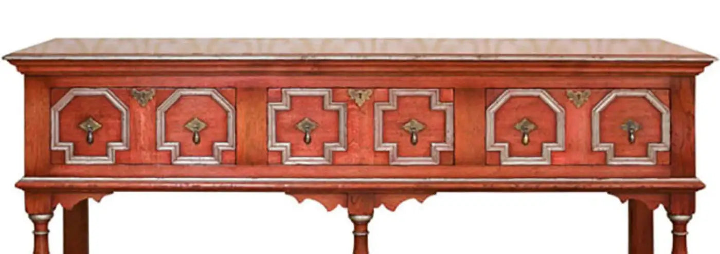 Wooden sideboard with decorative panels on a white background