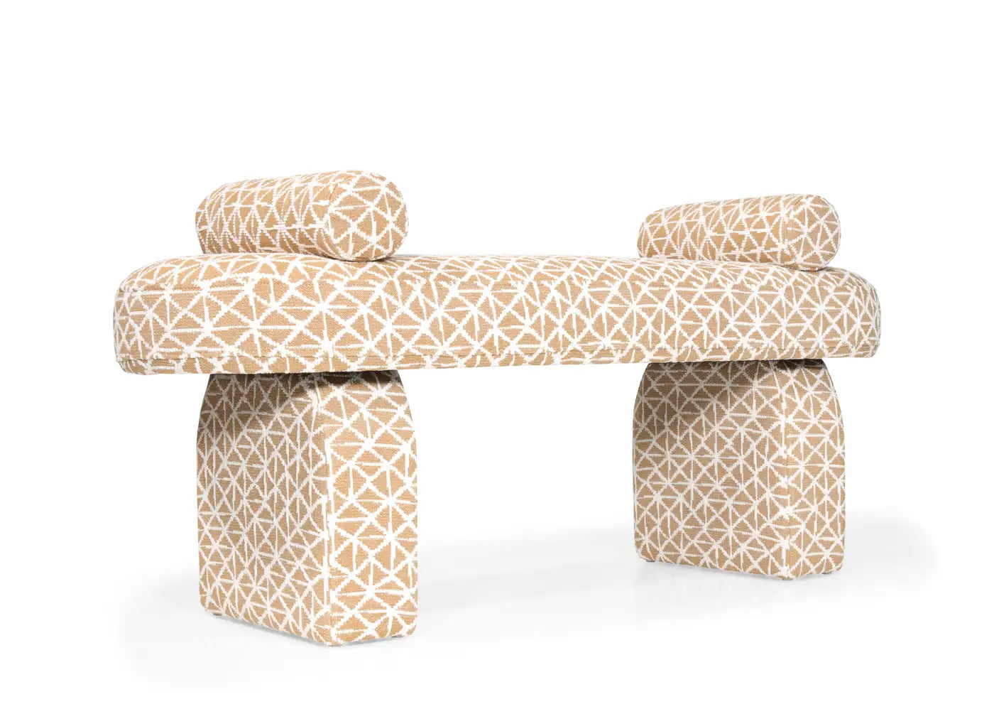 Patterned bench with two cushioned stools on a white background