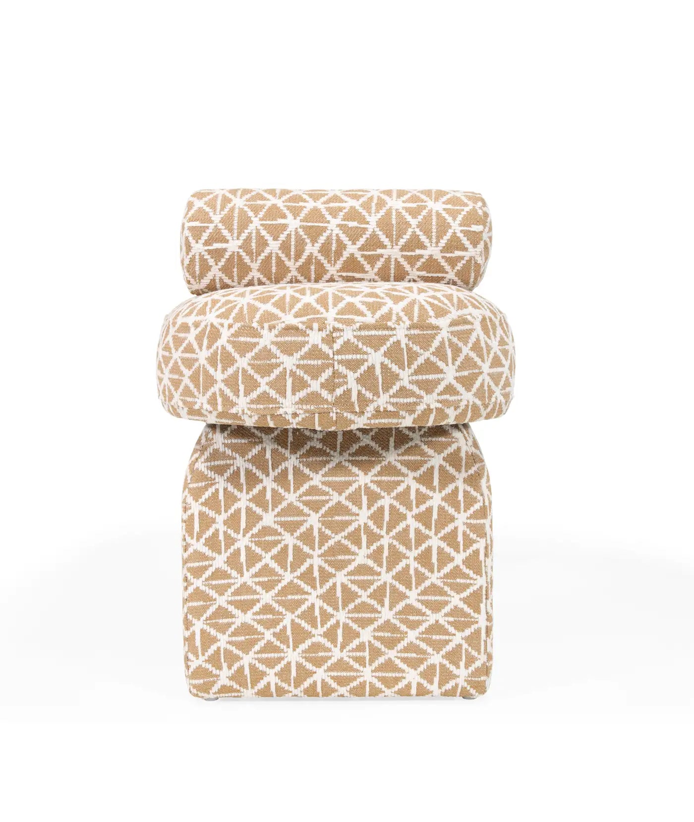 Stack of folded towels with geometric pattern on a white background