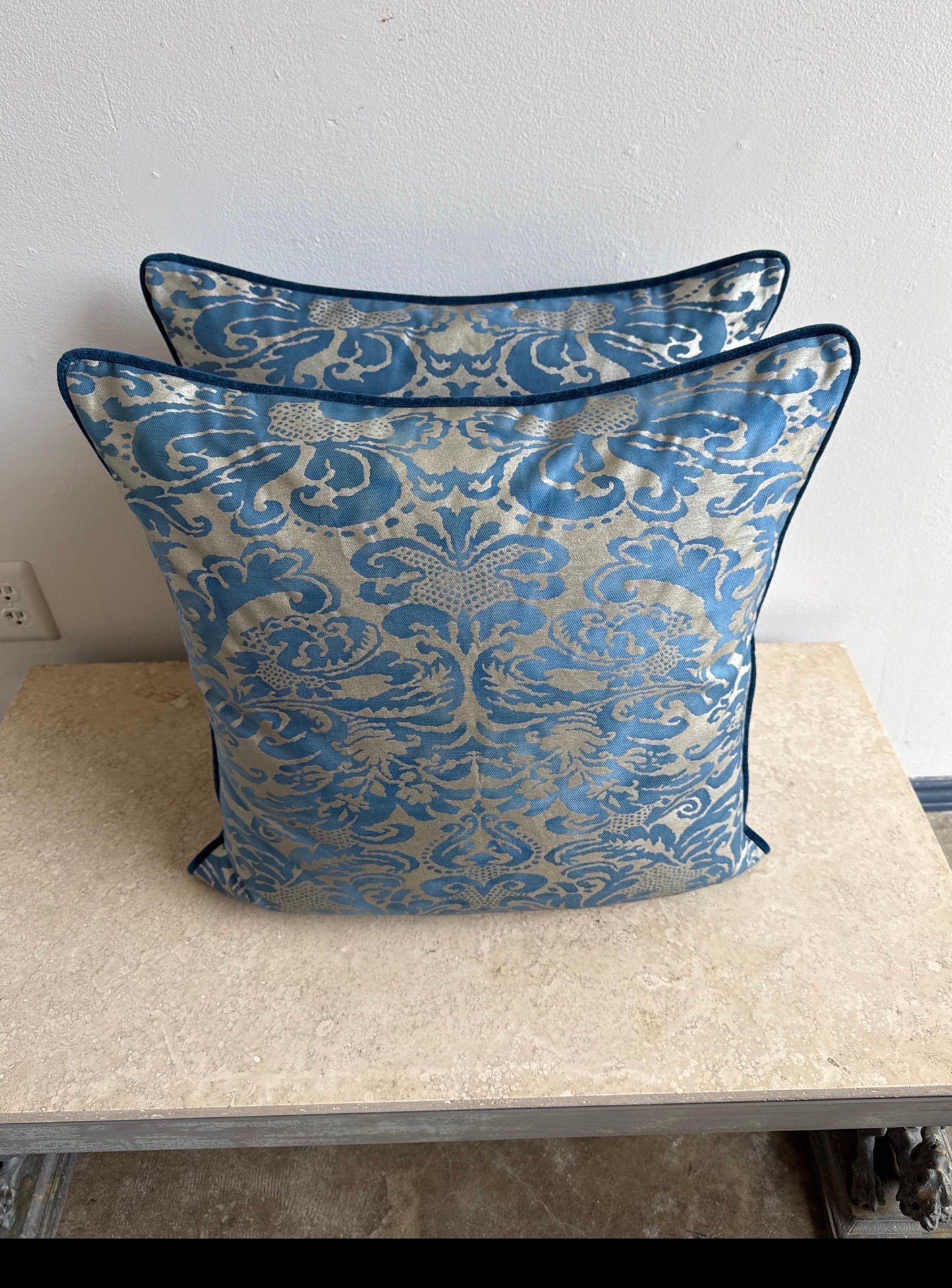 Blue Venetian Fortuny Pillows – Pair, 56 × 35 × 10 cm