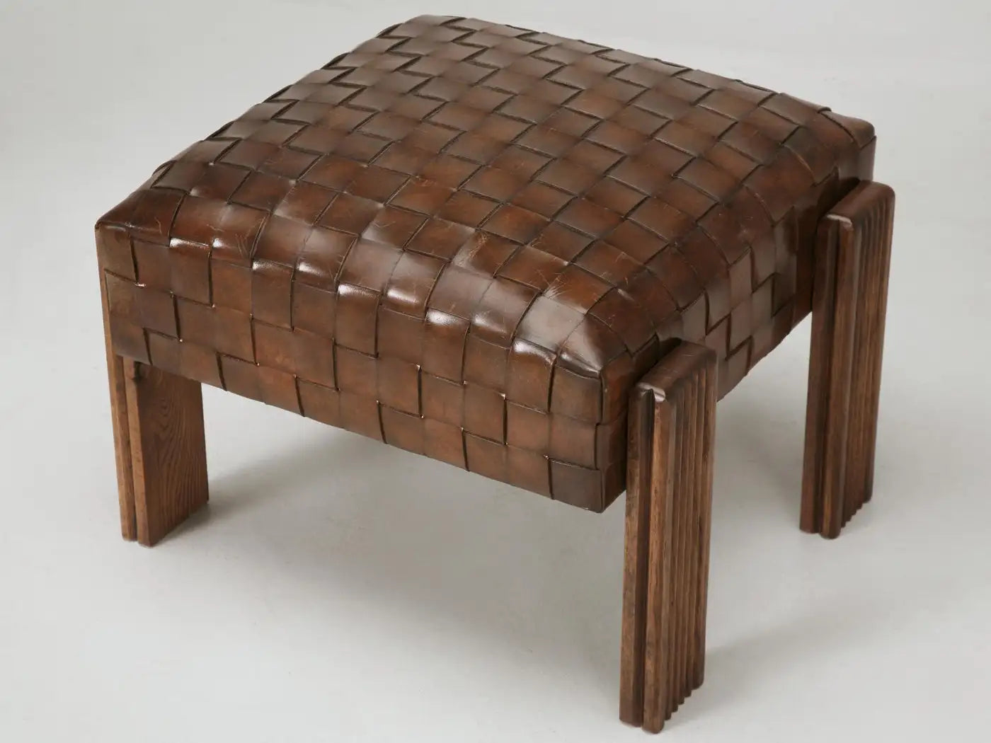 French Woven Leather Club Chairs with Matching Ottomans