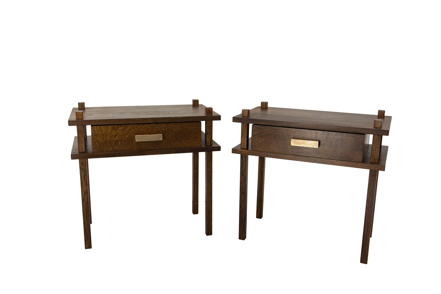 French Chalet Style Oak Nightstands – Pair with Bronze Handles, 2024