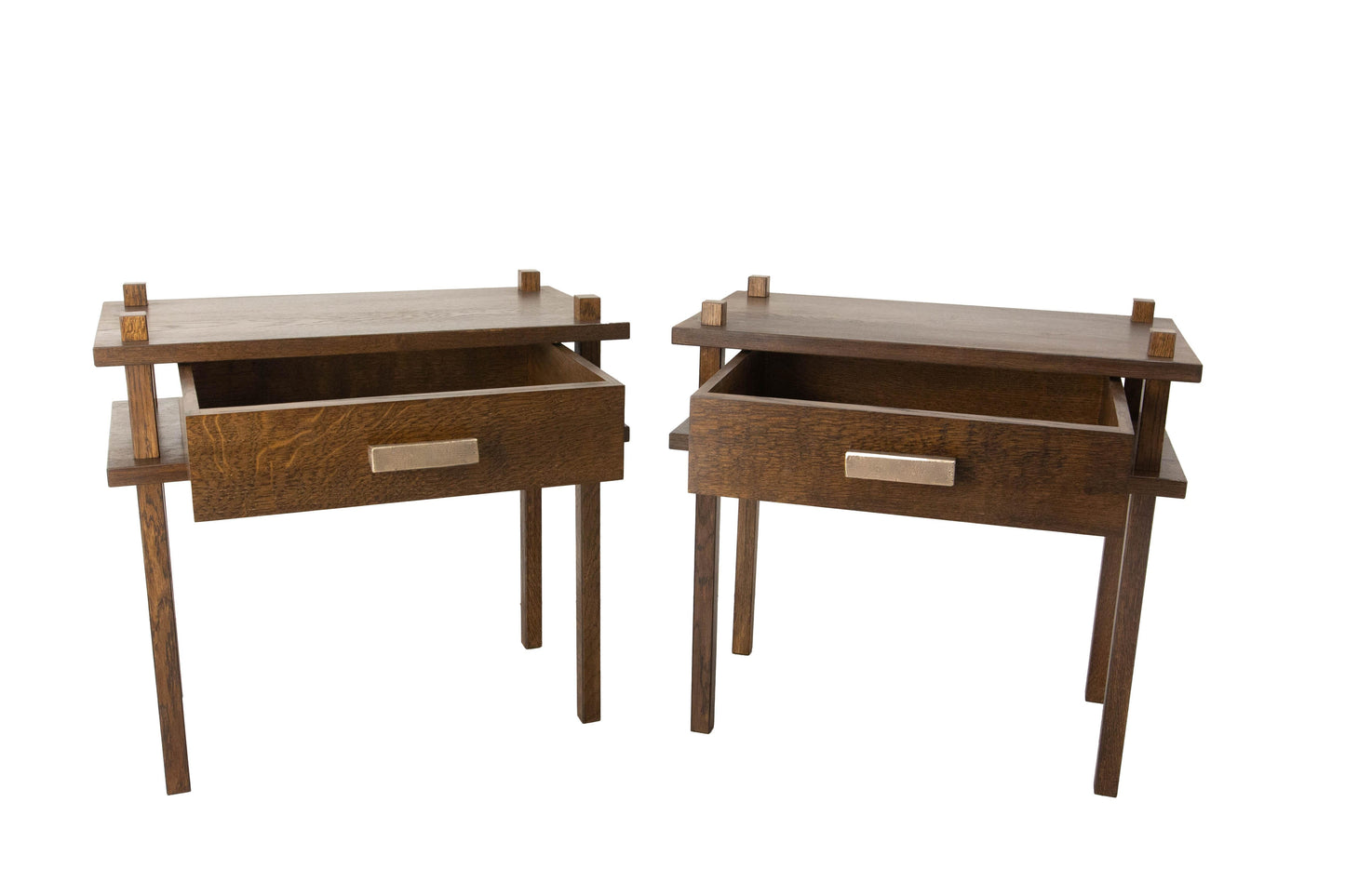 French Chalet Style Oak Nightstands – Pair with Bronze Handles, 2024