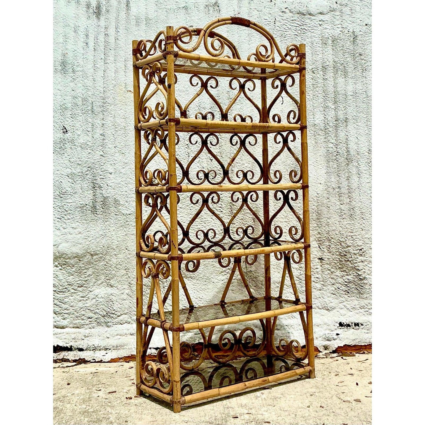 Vintage Boho Bent Rattan Scroll Etagere with Smoked Glass Shelves