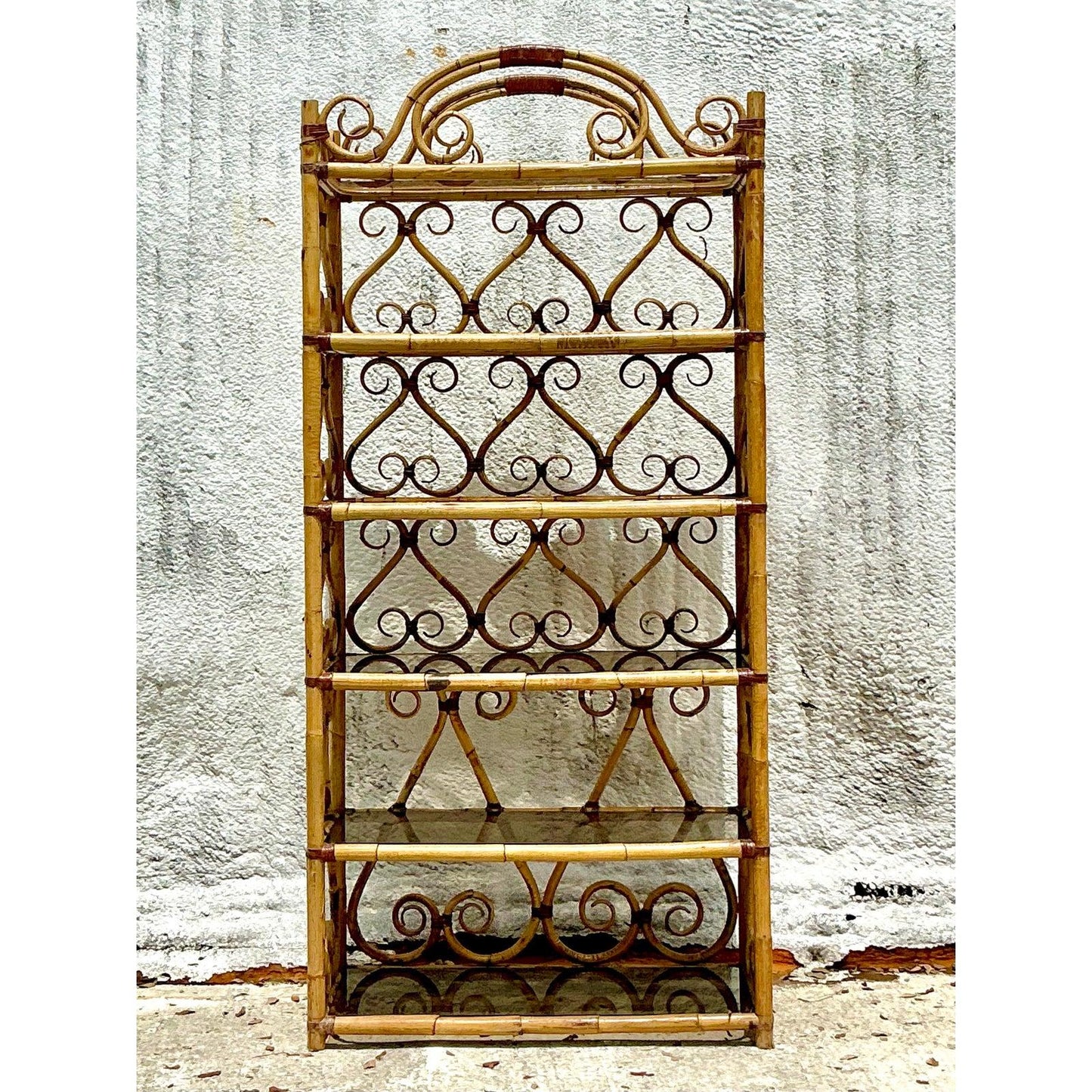 Vintage Boho Bent Rattan Scroll Etagere with Smoked Glass Shelves