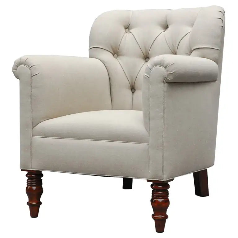 Beige armchair with wooden legs on a white background