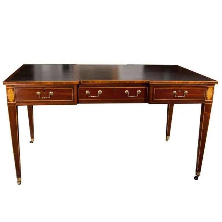 Wooden desk with three drawers on a white background